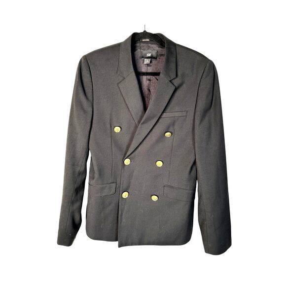 NEW! H&M Men's 34R Double Breasted Old Money Blazer Jacket Gold Buttons Black - Picture 2 of 9
